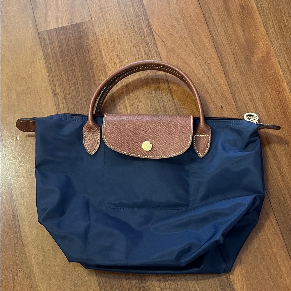 Longchamp Small Navy Blue Tote Bag with Brown Accents